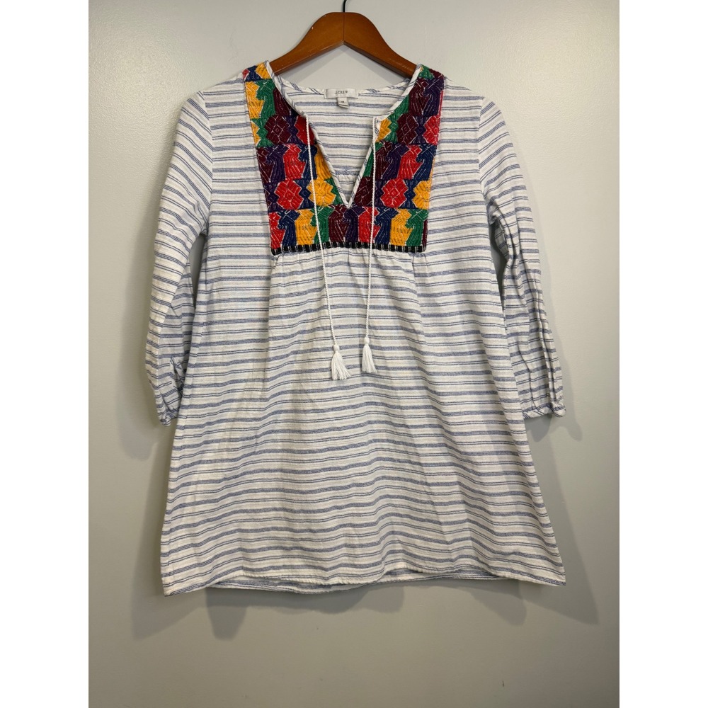 J Crew Women's Top XS Embroidered Boho Cottagecore Coastal Chic‎ Colorful Speing